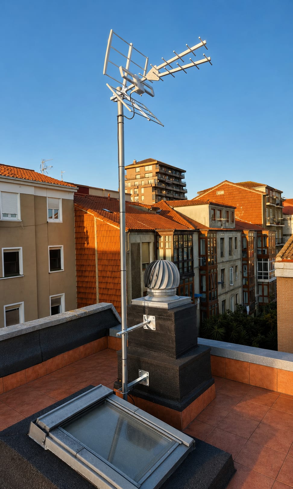 Antena terrestre montada en la azotea de un edificio